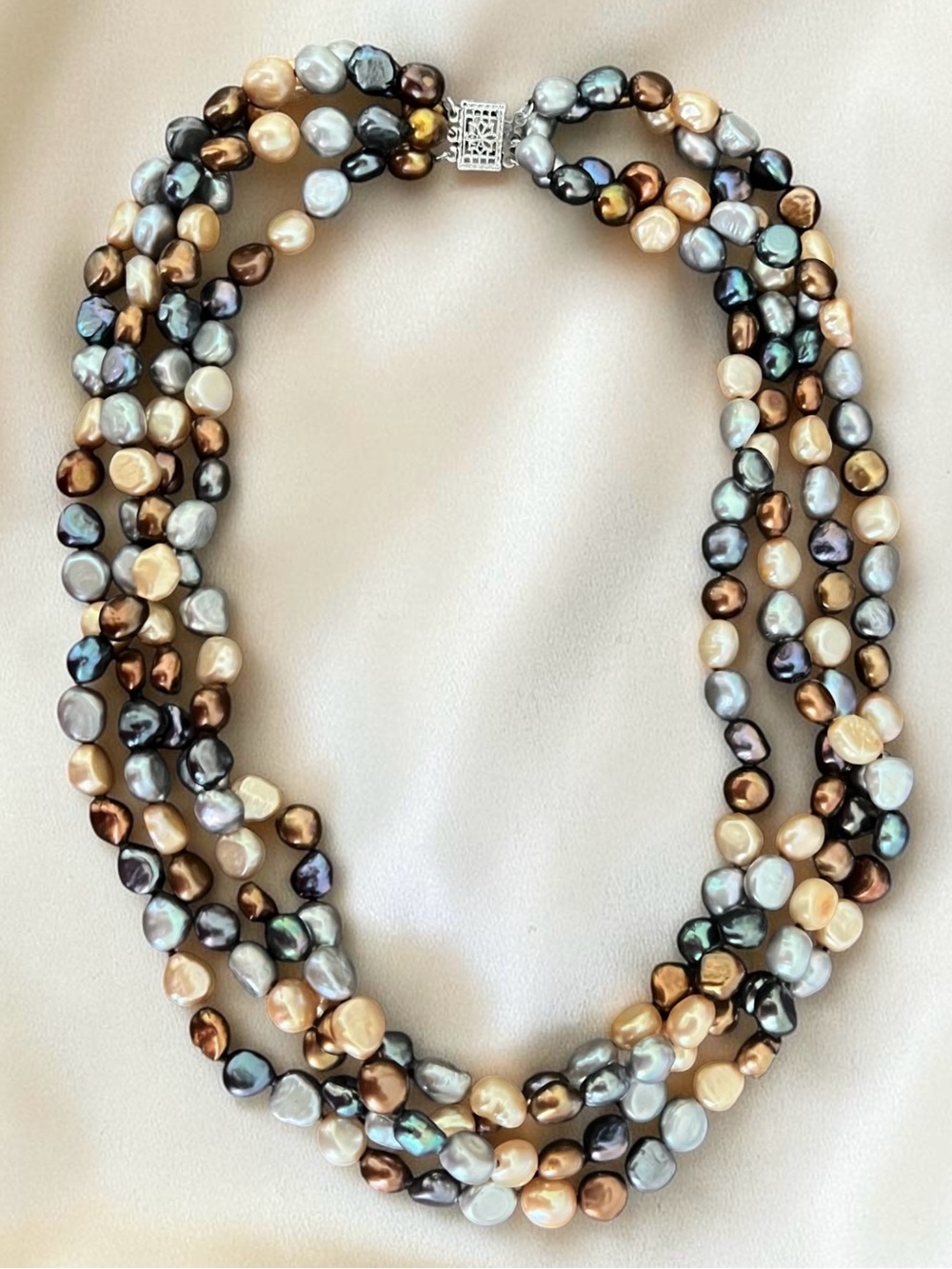 Vintage 925 IPS Imperial Pearl Syndicate Multi-Strand Baroque Pearl Necklace 17”